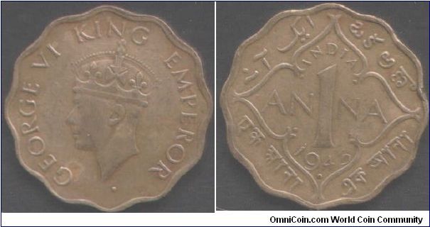 1943 George V1 Anna. Bombay mint (dot below date)