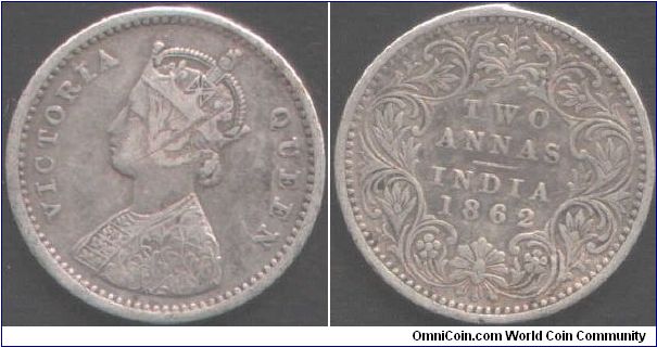 Madras mint Victoria 2 annas (16mm diameter).