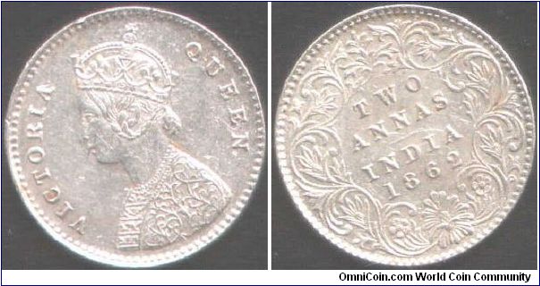 Calcutta mint Victoria 2 annas (15.3mm diameter). Also a die rotation error coin.