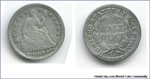 1854 Half Dime with arrows at date. Appears to have been cleaned a while back, but still a nice little coin
