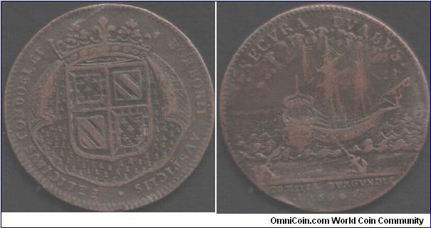 Burgundy Estates - 1698 copper jeton. Arms of Burgundy obverse, ship at anchor reverse.