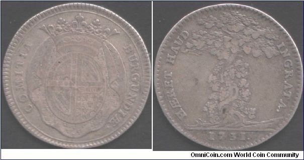 Burgundy Estates - 1731 silver jeton. Arms of Burgundy obverse, heavily laden vine (?) reverse.