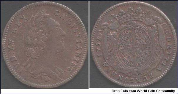 Burgundy Estates - 1752 copper jeton. Bust 330 of Louis XV obverse, Arms of Burgundy reverse.