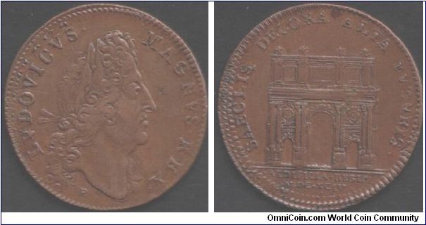 1694 copper jeton of the `Batiments du Roi' (Kings buildings) with St Martin gate reverse. This one evidences hub doubling and a die crack at Ludovicus.