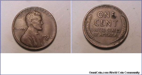 US Lincoln Cent 
1935-D
Error, elongated 5 in date.
copper