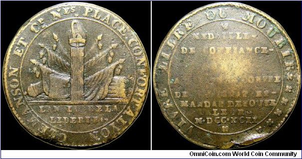 2 Sols token.

Issued by the Clemanson Brothers of Lyons. This was the French equivilent of the British Conder tokens of the same time. Merchants issued these tokens because official money was being hoarded.                                                                                                                                                                                                                                                                                                   