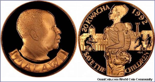 President Hastings Kamuzu Banda on obverse of gold proof 20 Kwacha issued for the Save the Children fund.