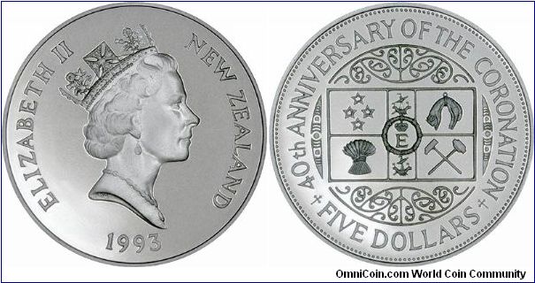 40th anniversary of the Coronation, commemorative silver proof $5 crown. Part of an international continuation collection.