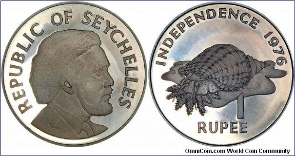 President Mancham on Obverse, and Triton Conch Shell on Reverse of 1976 Seychelles Silver Proof 1 Rupee.