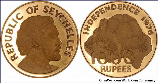 A large tortoise, above the value 1000 RUPEES, with the legend:
INDEPENDENCE 1976, on reverse of gold proof 1,000 rupeses.