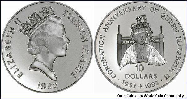 Fortieth anniversary of the Coronation 1953 - 1993 on $10 silver proof crown, part of international collection, strangely issued in and dated 1992!