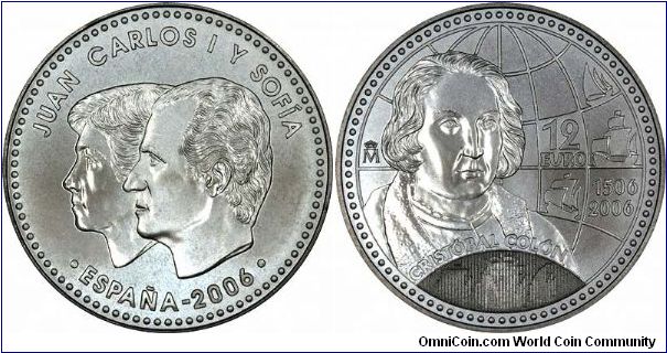 5th Centenary of Death of Christopher Columbus in 1506 on reverse of silver twelve euros.