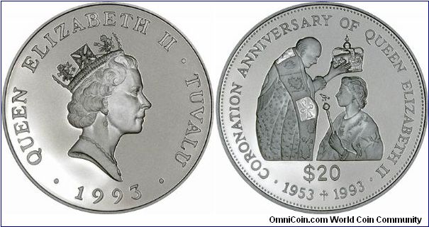Elizabeth II being crowned on a 40th anniversary of the Coronation silver proof $20.