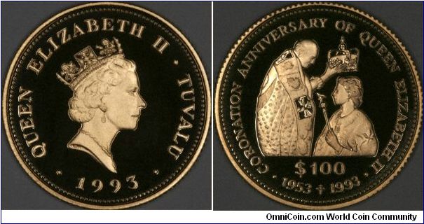 Gold proof $100, companion to the silver proof $20, showing the Archbishop of Canterbury placing the crown on the Queen's head, at Westminster Abbey.