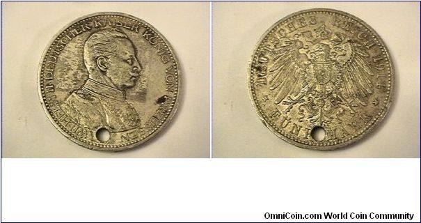 GERMAN STATES
PRUSSIA

WILHELM II DEUTSCHER KAISER KONIG VON PREUSSEN
DEUTSCHES REICH 1914-A
FUNF MARK 
rim: GOTT MIT UNS
0.900 silver
holed at base