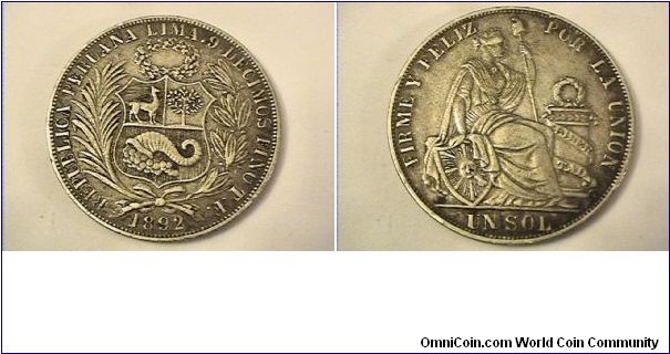 REPUBLICA PERUANA LIMA 9 DECIMOS FINO T F
FIRME Y FELIZ POR LA UNION UN SOL
1892-TF
0.900 silver