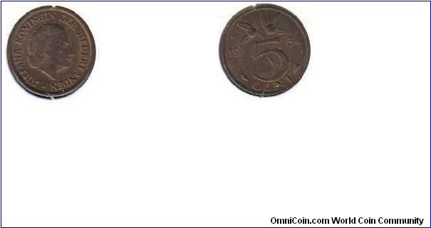 1954 5 Cents.  Bronze.  KM# 181