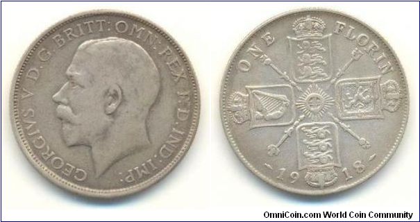 1918 1 Florin. .925  Silver ASW 0.3364.  KM# 817.