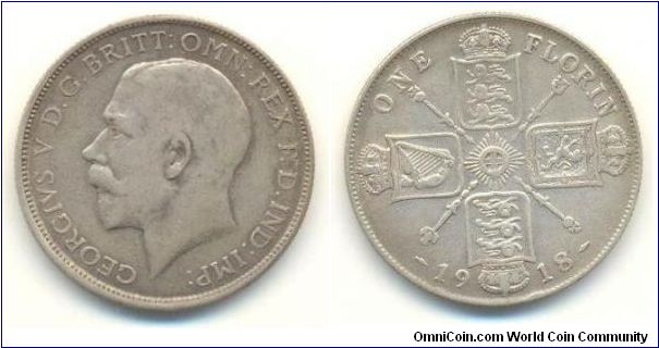 1918 1 Florin. .925  Silver ASW 0.3364.  KM# 817.