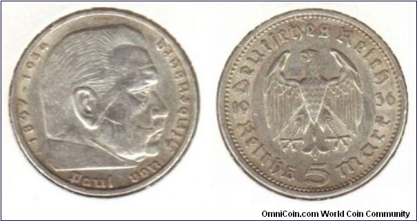 1936 A 5 Reichsmark.  Hindenburg.  0.900 Silver ASW 0.4016.  KM# 86.