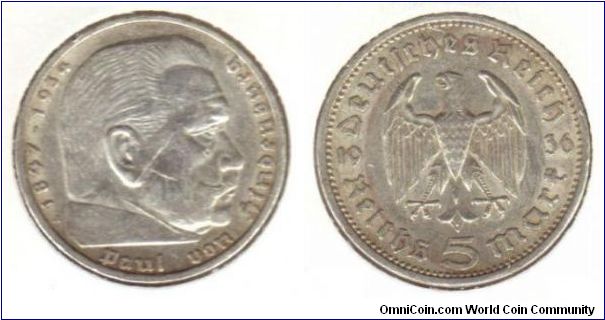 1936 A 5 Reichsmark.  Hindenburg.  0.900 Silver ASW 0.4016.  KM# 86.