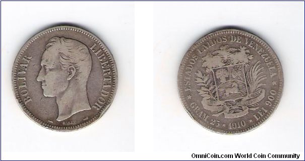 1910(A) 5 Bolivars
KM#24
.400 Made
Silver