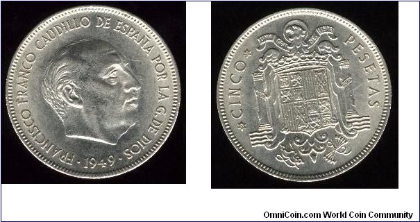 1949(50) 5 Pesatas.  Nickel.  KM# 778