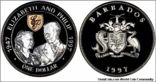 Queen Elizabeth II and Prince Philip on 1997 Golden Wedding silver proof $1 crown.
