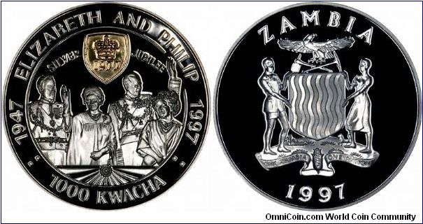 Silver Jubilee theme on a Golden Wedding coin, 1997 1,000 Kwacha silver proof crown.