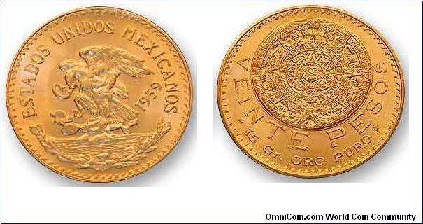 1959 20 
Pesos.  0.900 Gold.  AGW 0.4823.  KM# 478.  Restrike.