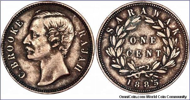 White Rajah C. Brooke on obverse of 1885 Sarawak 1 cent.