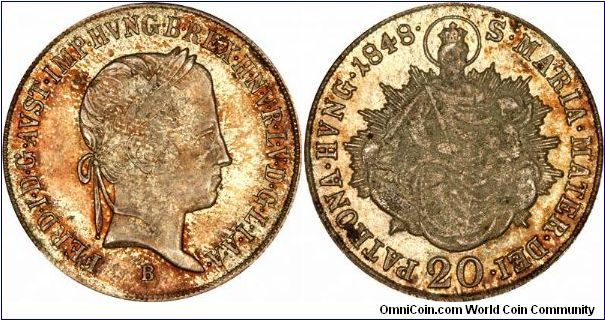Very attractive 1848 Hungarian 20 krajczar, featuring St Mary on its reverse.