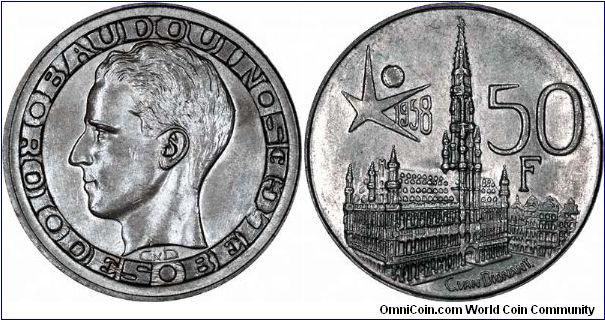 Belgian 1958 commemorative fifty francs for the Brussels World Fair. This has French legends, there are also Flemish legends, we must check the orientation, as coins struck with medal alignment are rarer than those with coin alignment.