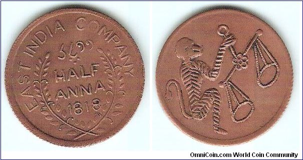 Half Anna. British East India Company. On the reverse, the Monkey holding balance in one hand is the symbol of British East India Company.