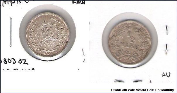 1915(A) 1/2 MArk
German Empire
KM#
13.015-minted
.0803 OZ./ .900
Silver
