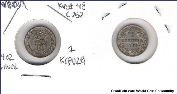 German States
Bavaria
1 Kreuzer
KM#487
C#252
2.634-minted
.0044 OA/.166 Silver