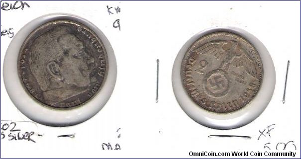 Germany 1938(B)
3RD Reich
KM393
2 Mark
Nazi HindenBurgh
ISSUE
13.163 minted
.1607 OZ./.625 
Silver