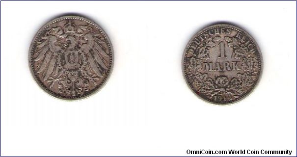 Germany empire
1914(F)
Km#14
1 MArk
2.300 minted
.1606 OZ./.900
silver