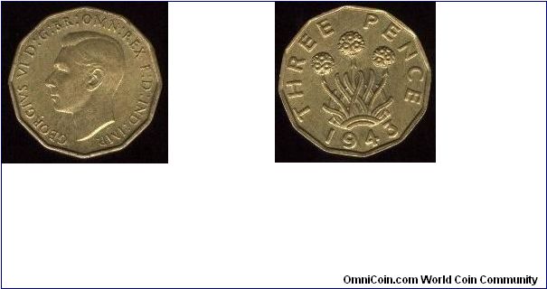 1943 3 Pence.  Nickel Brass.  KM# 849.  George VI.