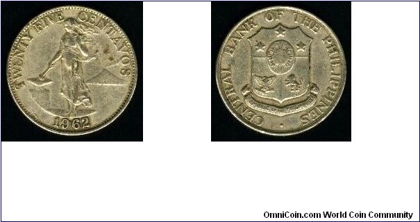 1962 25 Centavos.  Copper Nickel.  KM# 189.1.
