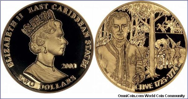 Robert Clive (of India), 1725 - 1774 commemorated on a gold plated on copper $2 proof