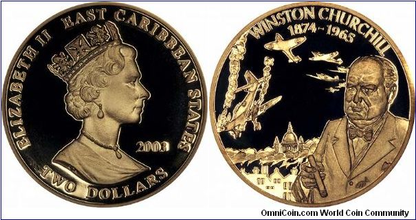Winston Churchill 1874 - 1965 commemorated on  gold plated copper $2 crown sized proof.
