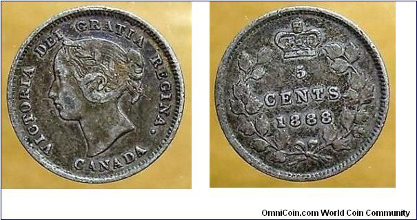1888 5 Cents   Canada.  Silver 0.925 ASW 0.0346.  Queen Victoria.