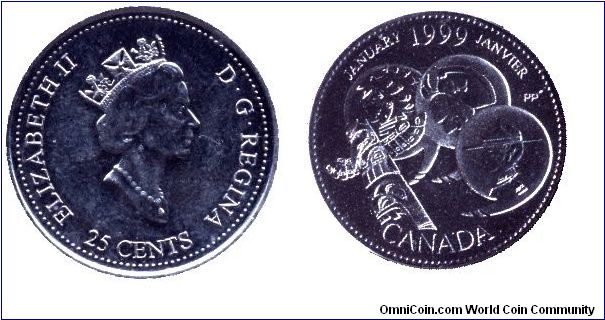 Canada, 25 cents, 1999, Ni, Queen Elizabeth II, January, A Country Unfolds: Designed by Peter Ka-Kin Poon, the coin portrays Canada's evolution in four images which together form the year 1999.                                                                                                                                                                                                                                                                                                                   