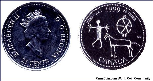 Canada, 25 cents, 1999, Ni, Queen Elizabeth II, February, Etched in Stone: Submitted by Lonnie Springer, the coin depicts native petroglyphs - thousand year old records of a nation's heritiga and spirituality.                                                                                                                                                                                                                                                                                                   
