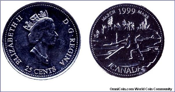 Canada, 25 cents, 1999, Ni, Queen Elizabeth II, March, The Long Drive: Designed by Marjolaine Lavoie, the coin depicts the courage and vailant contribution of the raftsmen to Canada's development and prosperity.                                                                                                                                                                                                                                                                                                 