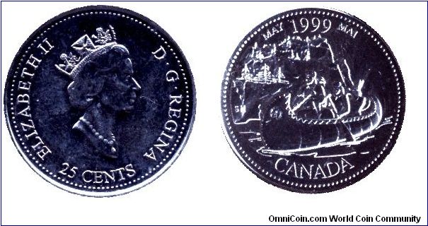 Canada, 25 cents, 1999, Ni, Queen Elizabeth II, May.                                                                                                                                                                                                                                                                                                                                                                                                                                                                