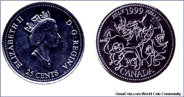Canada, 25 cents, 1999, Ni, Queen Elizabeth II, July.                                                                                                                                                                                                                                                                                                                                                                                                                                                               