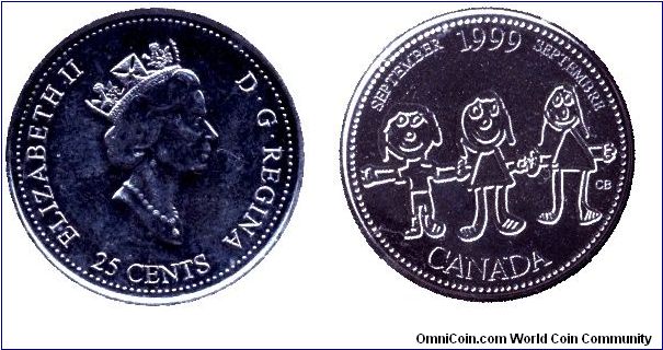 Canada, 25 cents, 1999, Ni, Queen Elizabeth II, September.                                                                                                                                                                                                                                                                                                                                                                                                                                                          
