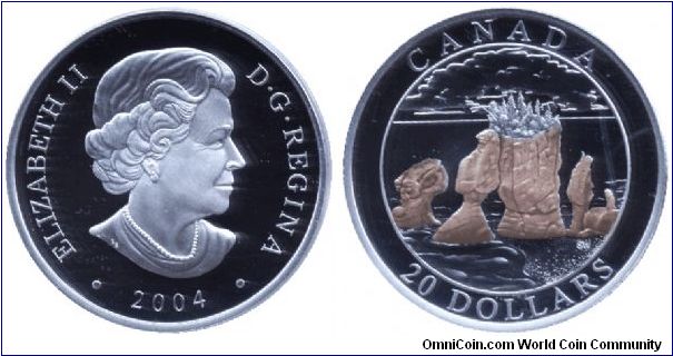 Canada, 20 dollars, 2004, Ag-Au, Queen Elizabeth II, The Hopewell Rocks, Bay of Fundy, New Brunswick.                                                                                                                                                                                                                                                                                                                                                                                                               